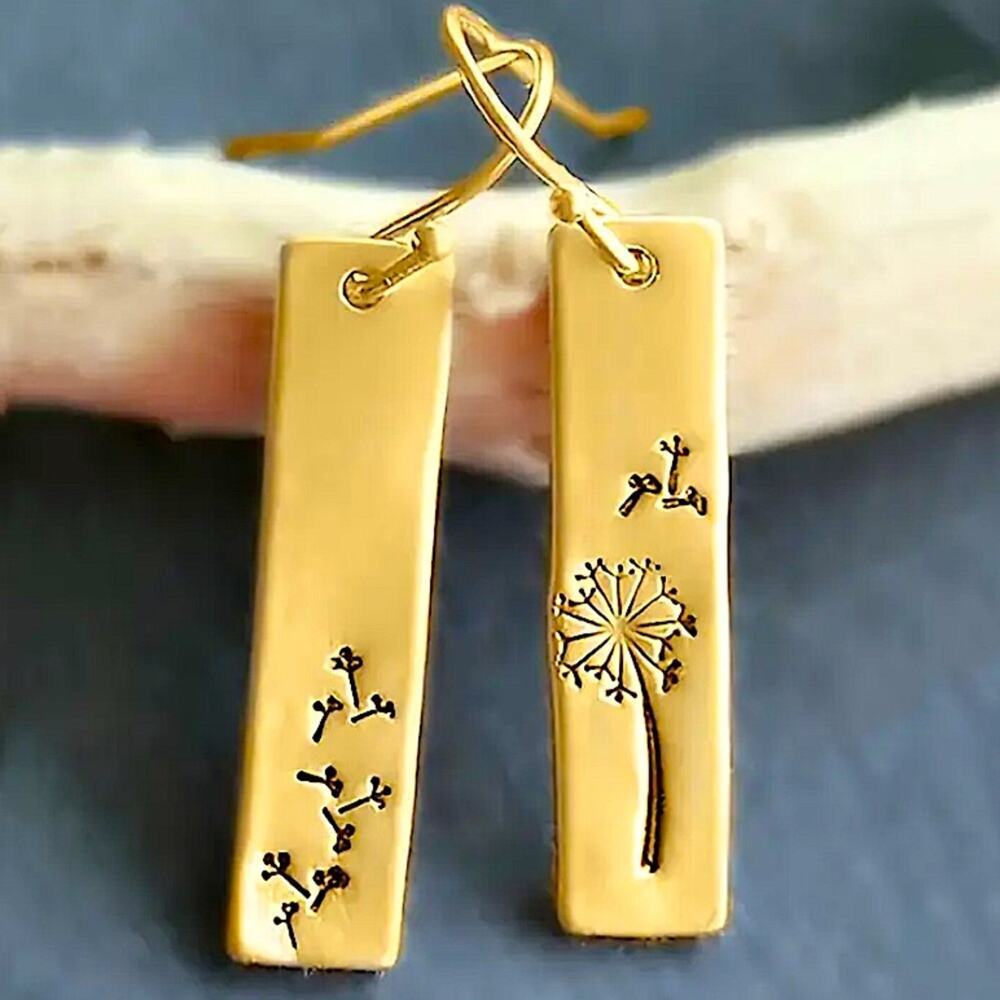 Vintage Dandelion Gold Metal Geometry Square Leaf Dangle Earrings fo… - Picture 1 of 4